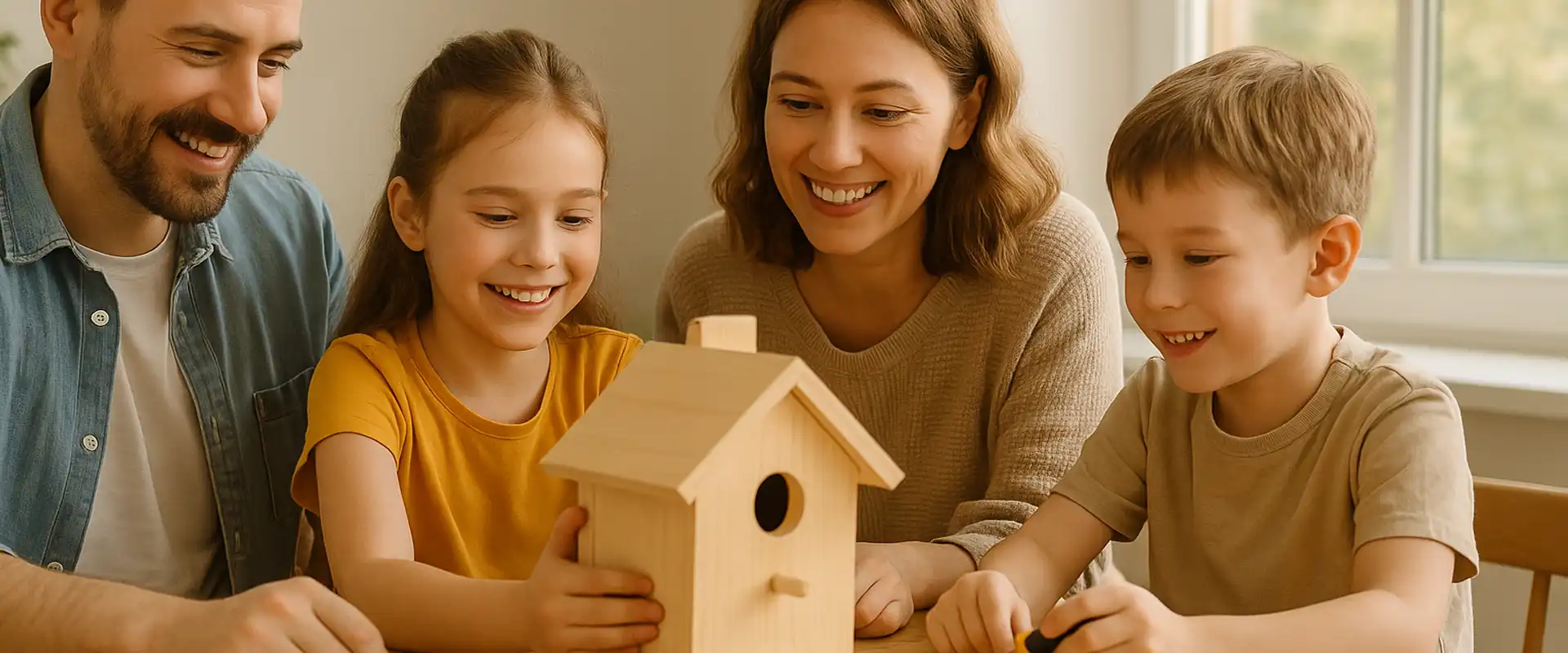 A smiling family of four—father, mother, daughter, and son—working together on building a wooden birdhouse at a sunlit table, surrounded by crafting tools and materials.