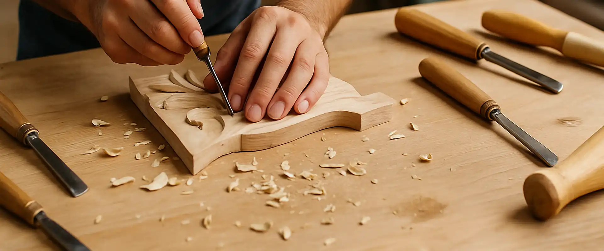 Close-up of an artisan carefully carving a wooden piece at a workbench, surrounded by chisels, wood shavings, and warm natural light.