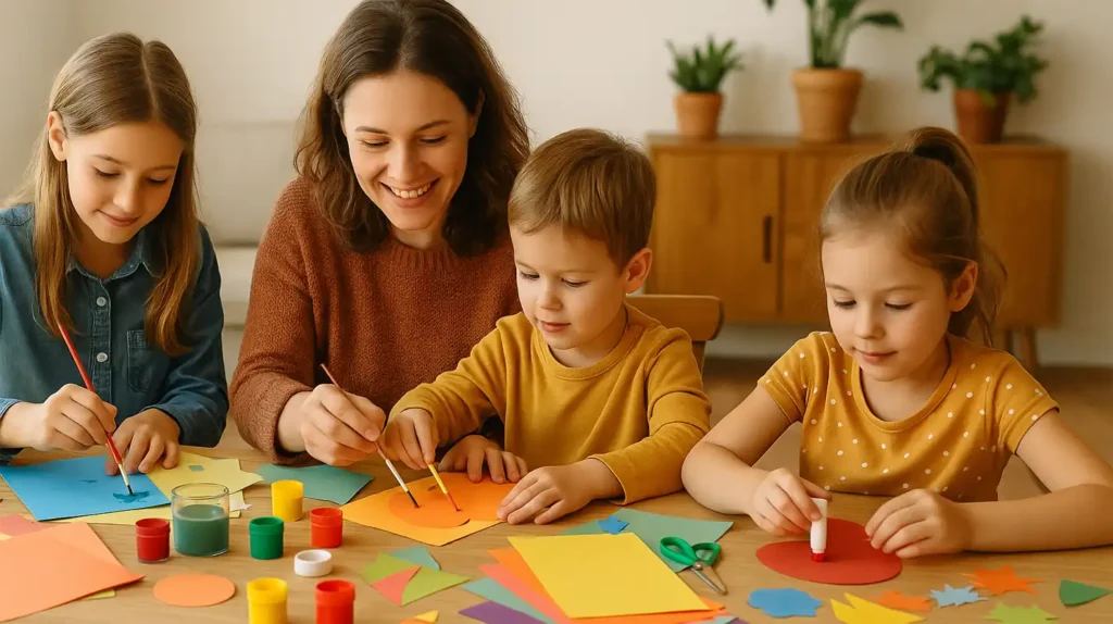 The Magic of Art & Craft: Creating Together, Connecting for Life 1 A happy mother and two children enjoying arts and crafts at home with colorful paints and paper