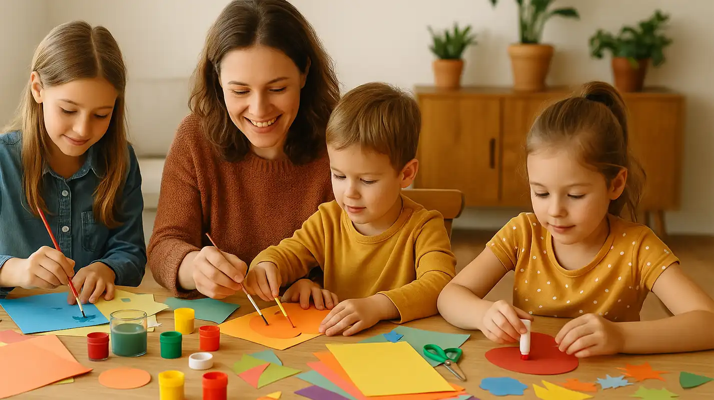 A happy mother and two children enjoying arts and crafts at home with colorful paints and paper