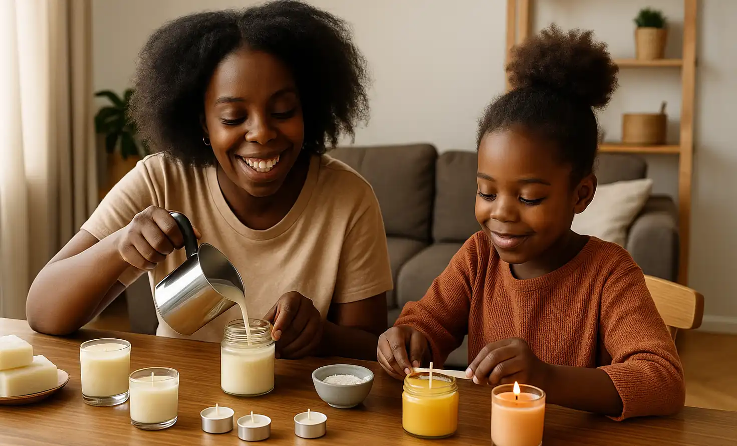 African American mother and daughter making candles together at home