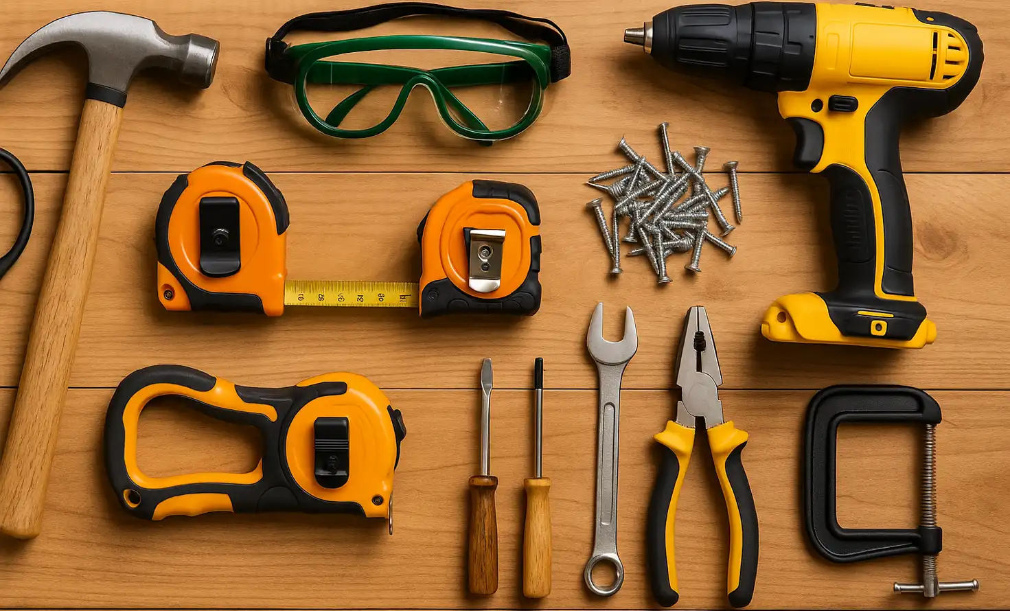 A collection of DIY tools neatly arranged on a wooden surface