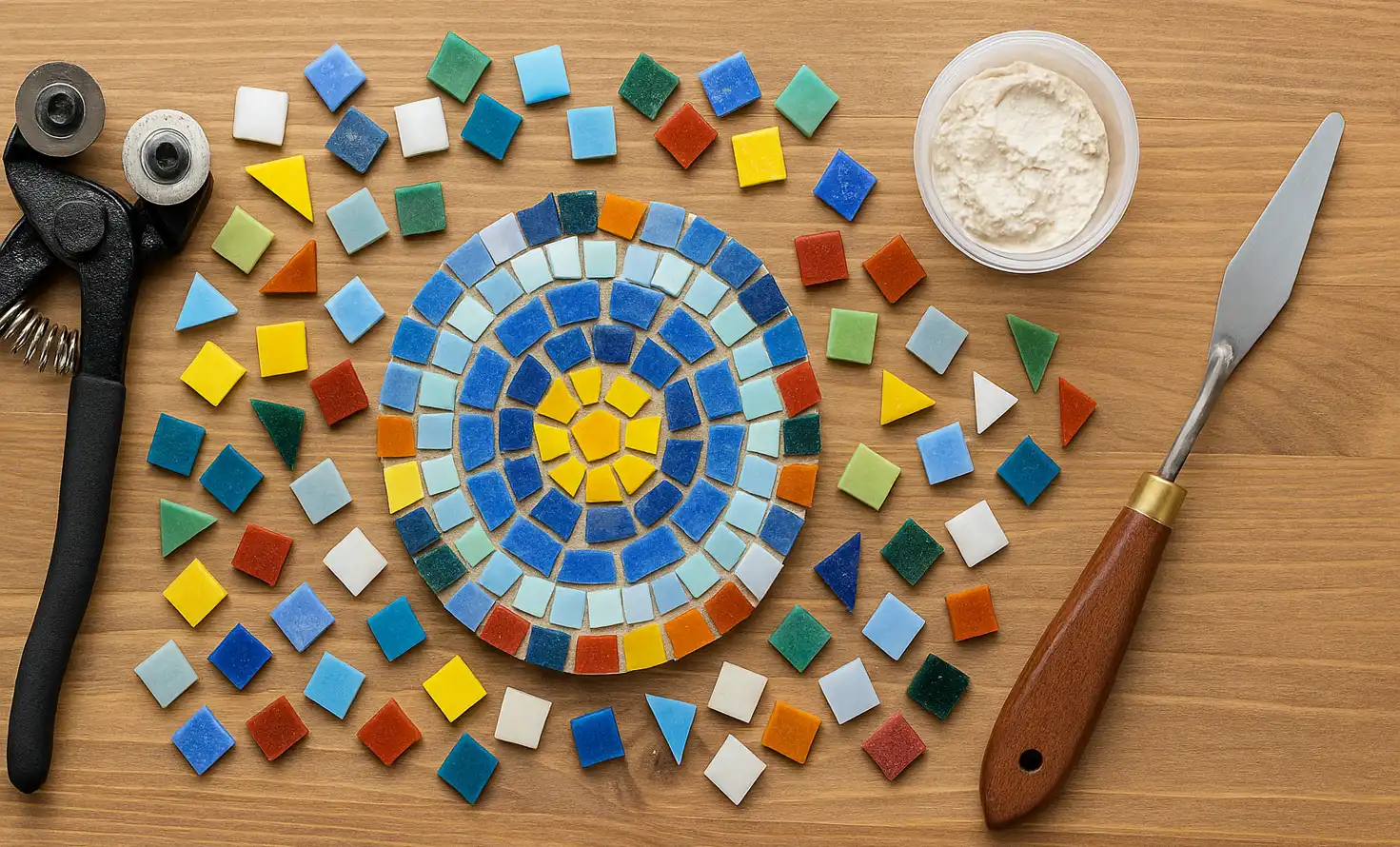 Mosaic tiles, tools, and a colorful circular pattern arranged on a wooden surface