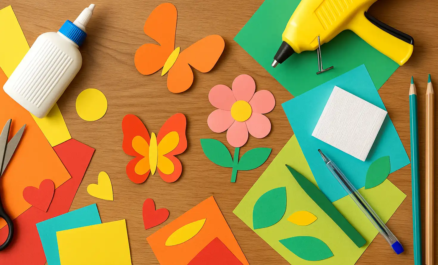 Colorful paper crafting supplies with finished butterfly and flower shapes on a wooden table