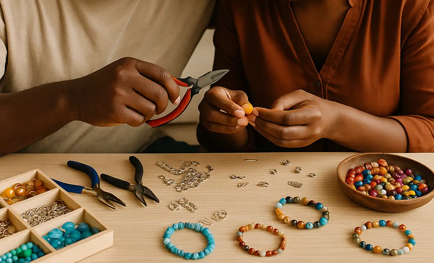 African American couple creating beaded jewelry together at a wooden table