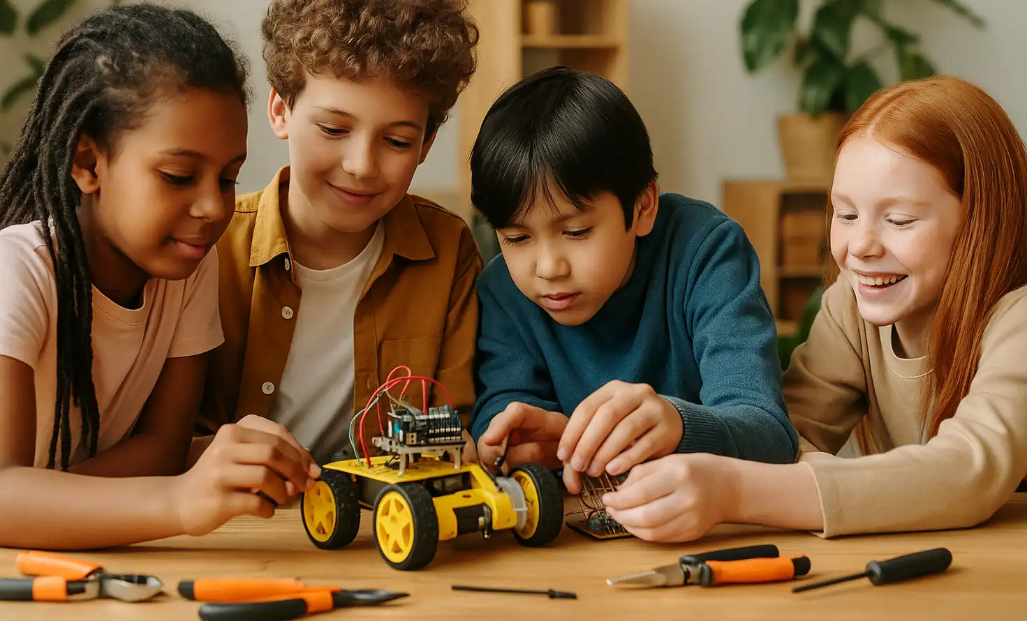 A diverse group of children building a small yellow robot together at a table