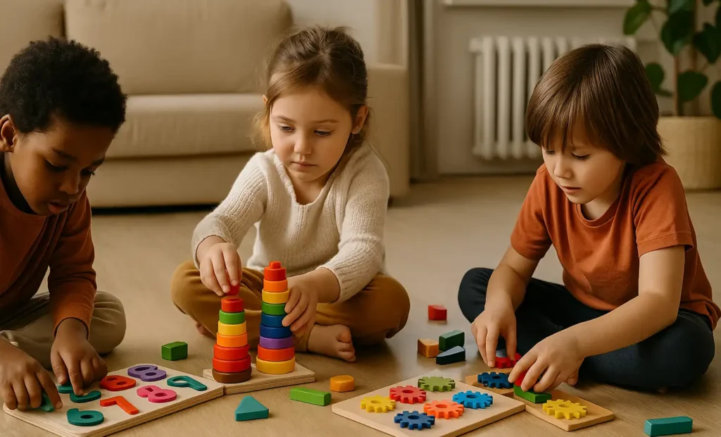 Children playing with colorful educational toys and puzzles on the floor