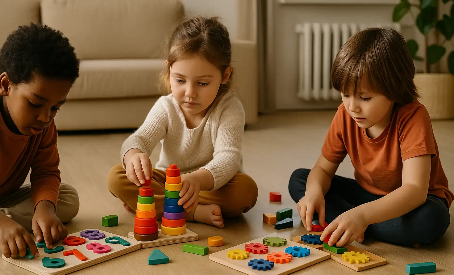 Children playing with colorful educational toys and puzzles on the floor