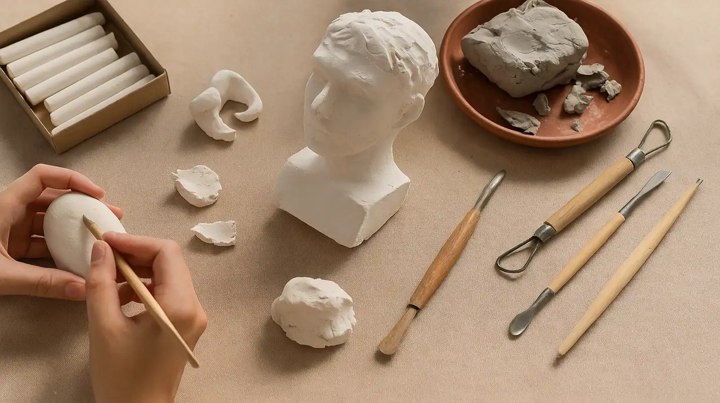 Hands working with clay and sculpting tools on a table, surrounded by plaster and a small bust sculpture