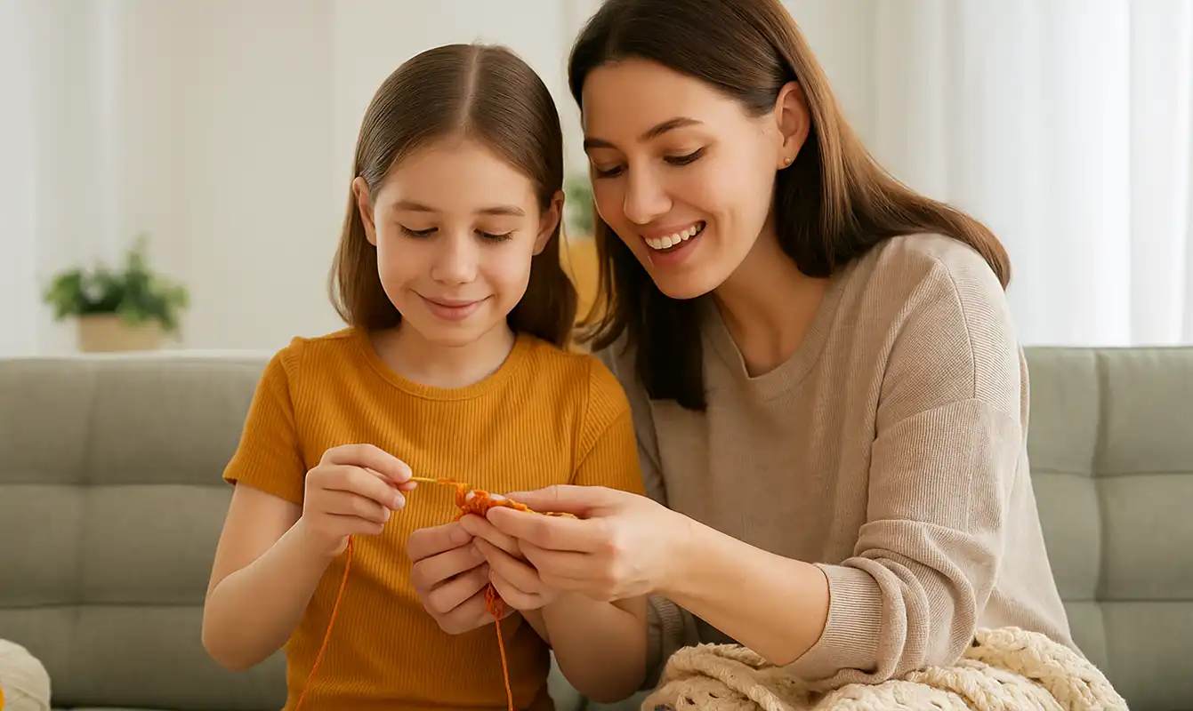 Mother teaching daughter to crochet with orange yarn on a cozy sofa