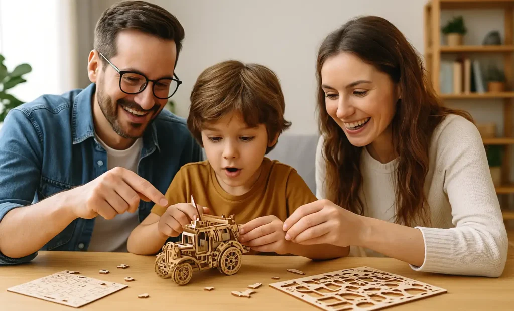 3D Puzzles: Building Fun, Focus, and Family Memories 1 A happy family assembling a wooden 3D puzzle together at home