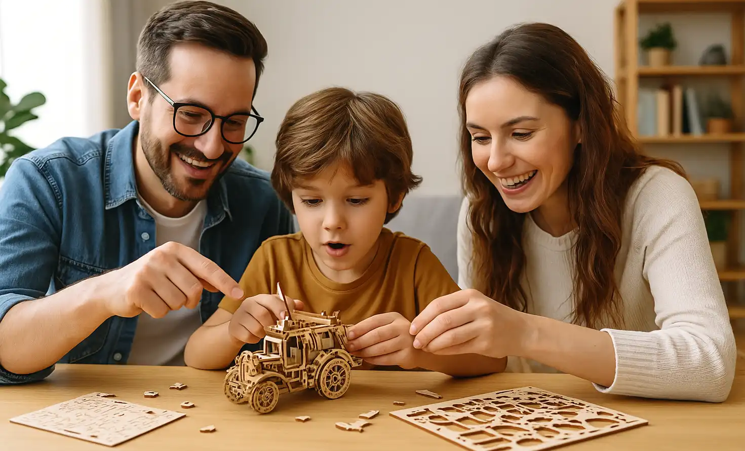 A happy family assembling a wooden 3D puzzle together at home
