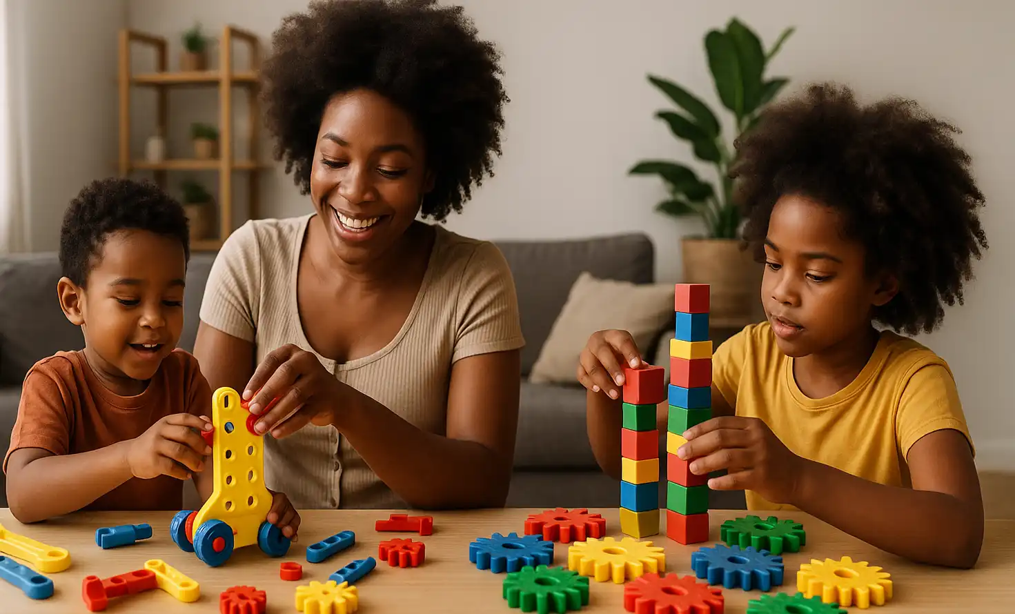 African American family playing with large colorful educational toys at home