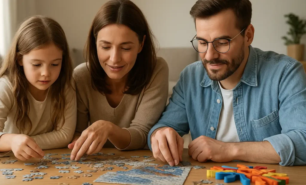 Puzzles: A Simple Path to Focus, Family Bonding, and Brainpower 1 A family of three solving a jigsaw puzzle together at a wooden table
