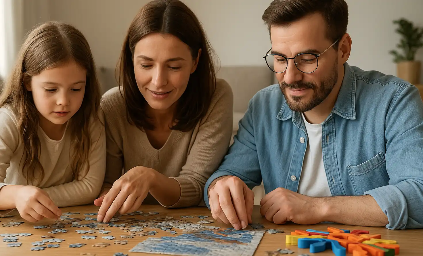 A family of three solving a jigsaw puzzle together at a wooden table