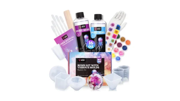 A complete epoxy resin kit with silicone pyramid molds, dried flowers, glitter, measuring cups, and mixing tools, arranged on a clean workspace — ideal for making custom art, jewelry, or decorative gifts.