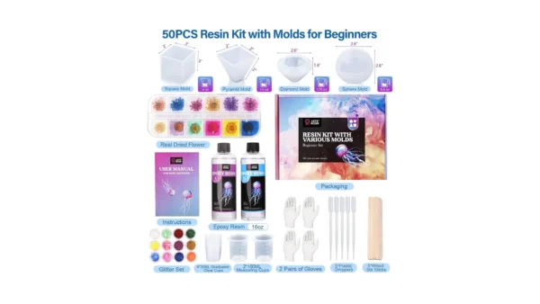 A complete epoxy resin kit with silicone pyramid molds, dried flowers, glitter, measuring cups, and mixing tools, arranged on a clean workspace — ideal for making custom art, jewelry, or decorative gifts.