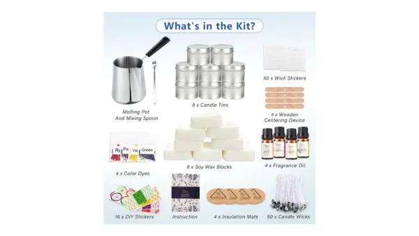 A full candle making kit featuring soy wax bags, metal tins, colorful dyes, wicks, fragrance oils, and crafting tools neatly arranged on a table — ideal for DIY candle lovers.