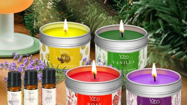 A full candle making kit featuring soy wax bags, metal tins, colorful dyes, wicks, fragrance oils, and crafting tools neatly arranged on a table — ideal for DIY candle lovers.