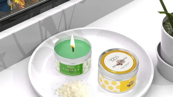 A full candle making kit featuring soy wax bags, metal tins, colorful dyes, wicks, fragrance oils, and crafting tools neatly arranged on a table — ideal for DIY candle lovers.