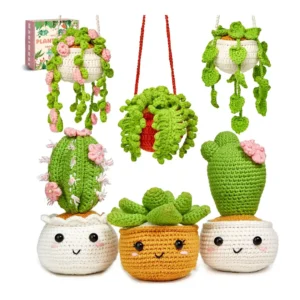 A beginner-friendly crochet kit featuring colorful yarn, crochet hook, stuffing, safety eyes, and instruction materials — laid out for making cute amigurumi-style animals.