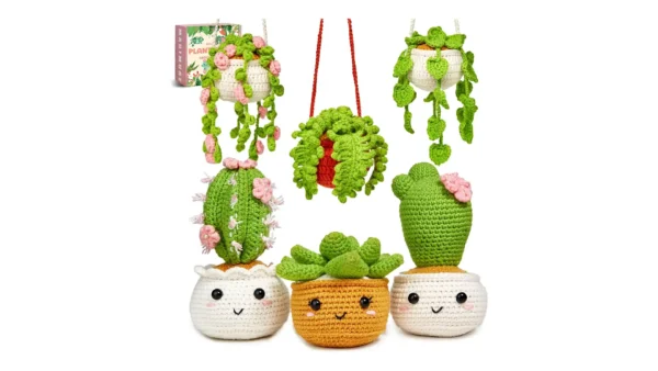 A beginner-friendly crochet kit featuring colorful yarn, crochet hook, stuffing, safety eyes, and instruction materials — laid out for making cute amigurumi-style animals.