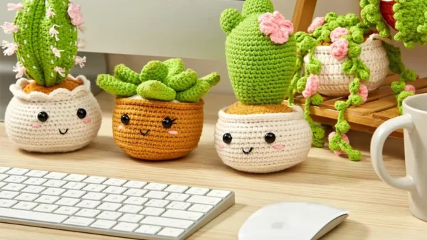 A beginner-friendly crochet kit featuring colorful yarn, crochet hook, stuffing, safety eyes, and instruction materials — laid out for making cute amigurumi-style animals.