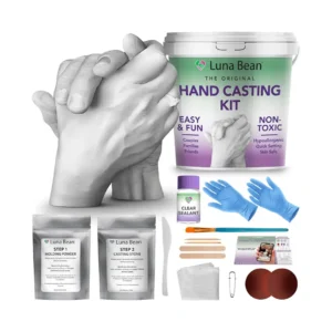 A complete hand casting kit with molding powder, casting stone, gloves, and tools, designed for creating detailed plaster sculptures of joined hands — perfect for couples, families, or keepsake gifts.