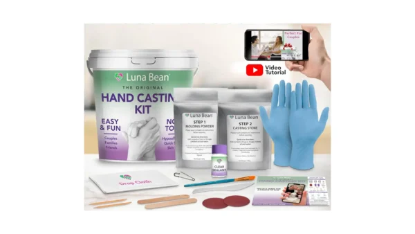 A complete hand casting kit with molding powder, casting stone, gloves, and tools, designed for creating detailed plaster sculptures of joined hands — perfect for couples, families, or keepsake gifts.