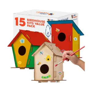 A DIY birdhouse kit featuring an unfinished wooden birdhouse, colorful paint pots, paintbrushes, and instructions — perfect for kids, families, or nature lovers.