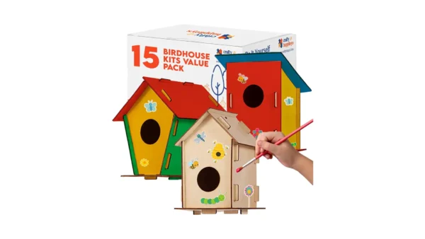 A DIY birdhouse kit featuring an unfinished wooden birdhouse, colorful paint pots, paintbrushes, and instructions — perfect for kids, families, or nature lovers.