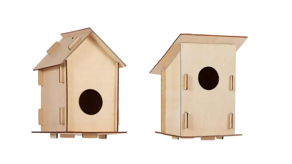 A DIY birdhouse kit featuring an unfinished wooden birdhouse, colorful paint pots, paintbrushes, and instructions — perfect for kids, families, or nature lovers.