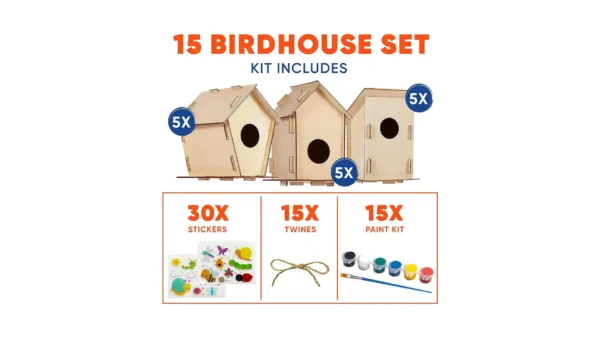 A DIY birdhouse kit featuring an unfinished wooden birdhouse, colorful paint pots, paintbrushes, and instructions — perfect for kids, families, or nature lovers.