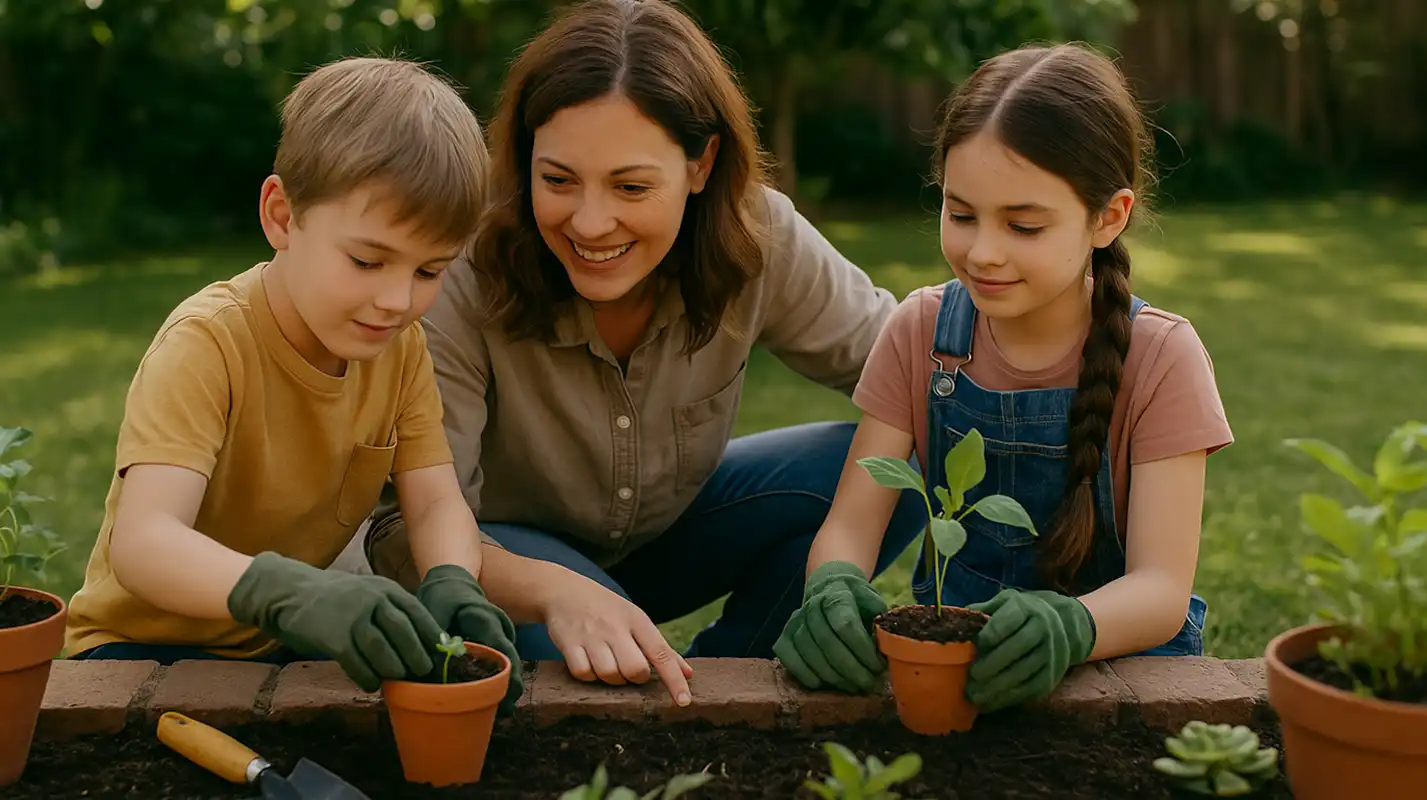A mother and two children planting seedlings in a garden on a sunny day