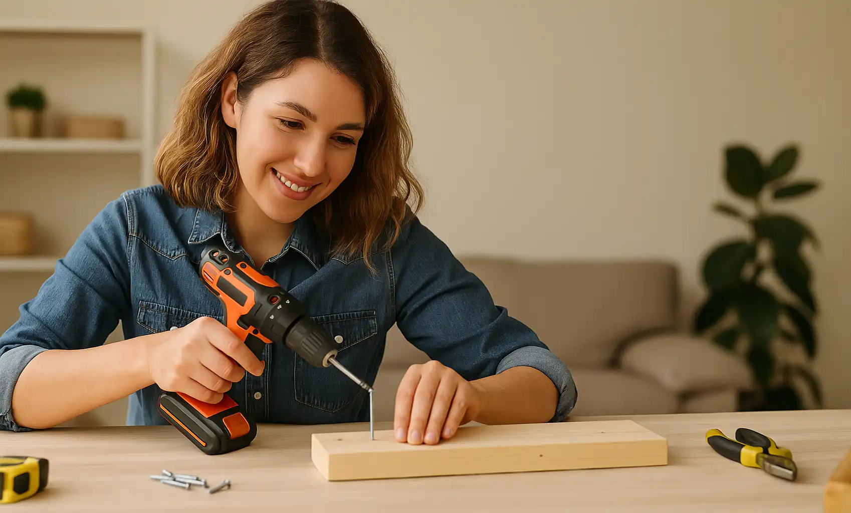 Smiling woman using a cordless drill to screw into a piece of wood at a home workspace, surrounded by DIY tools.