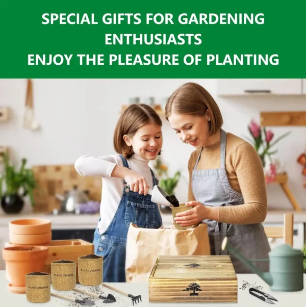 Mother and daughter planting seeds together at home using a bonsai starter kit, with gardening tools and pots on the table. Text reads: “Special gifts for gardening enthusiasts. Enjoy the pleasure of planting.”