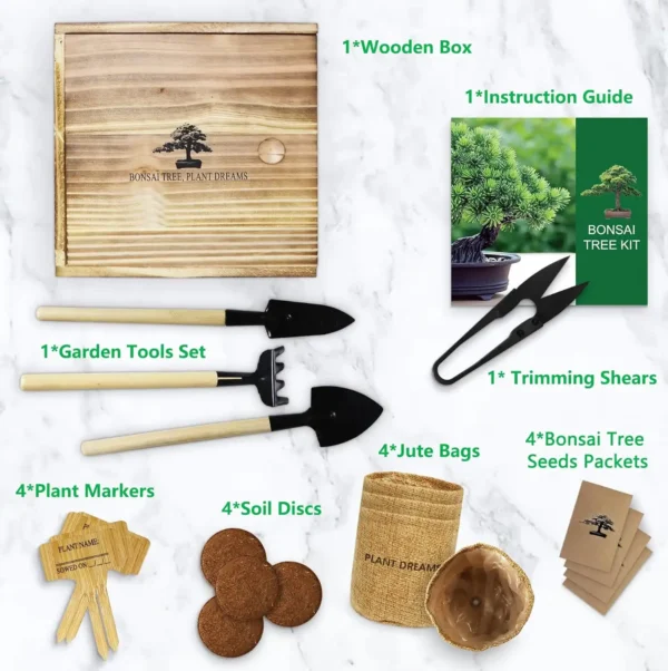 Flat lay of bonsai tree starter kit contents, including a wooden box, garden tools, trimming shears, bonsai tree seed packets, soil discs, plant markers, jute bags, and an instruction guide, displayed on a white surface.