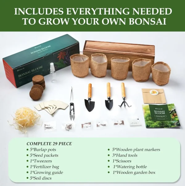 Flat lay of the complete bonsai starter kit, including burlap pots, seed packets, tools, fertilizer, watering bottle, and wooden planter box with labeled text showing the 29-piece kit contents.