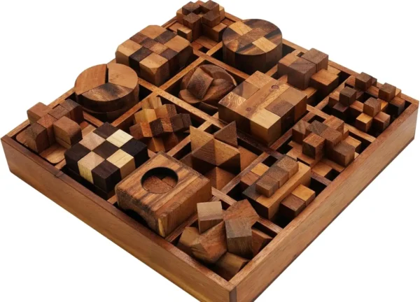 Wooden puzzle box set featuring 16 unique 3D brain teaser puzzles in a rustic wooden tray.