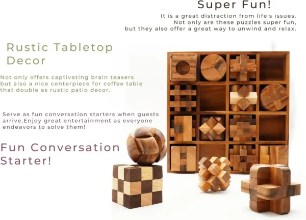Rustic tabletop display of the wooden puzzle set with individual puzzle pieces highlighted as decorative and brain-teasing fun.