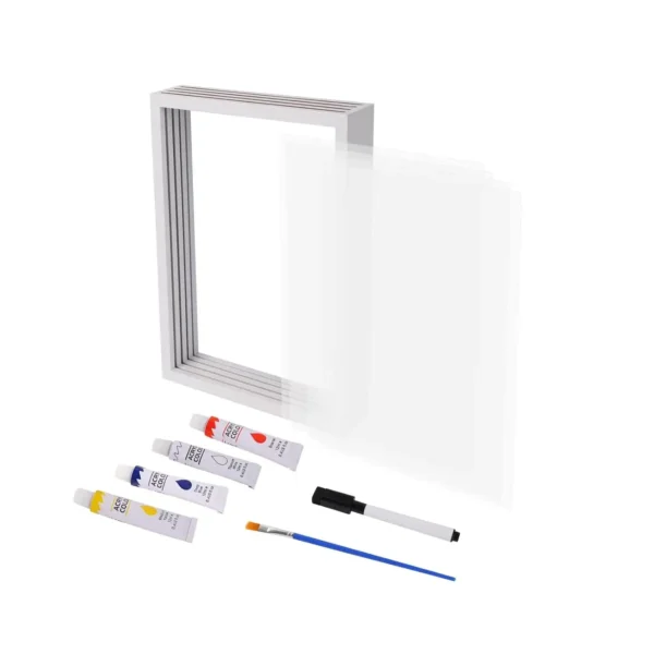 DIY handprint kit components including acrylic paints, paintbrush, marker, transparent sheets, and a white display frame.