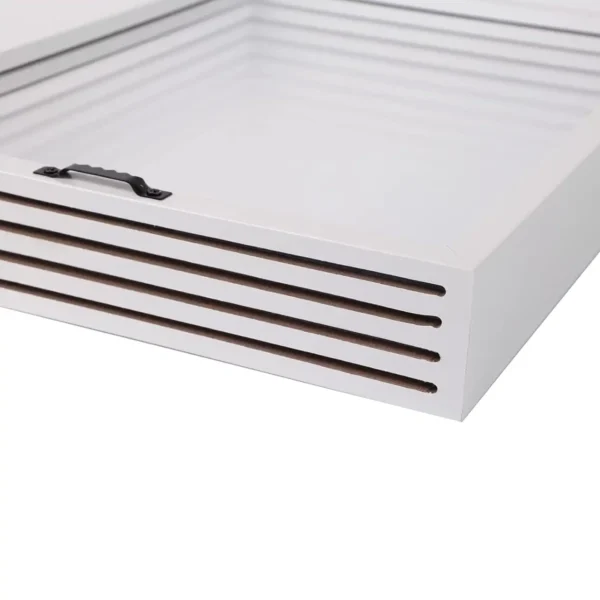 Close-up of the white keepsake frame with multiple grooves for holding transparent sheets securely.