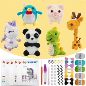 Amigurumi crochet kit showing six finished plush animals (penguin, pig, unicorn, panda, dinosaur, giraffe) with yarn, tools, safety eyes, and instruction booklets.