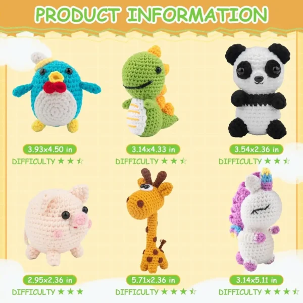 Product size and difficulty chart for the six amigurumi animals, with images of each: penguin, dinosaur, panda, pig, giraffe, and unicorn.