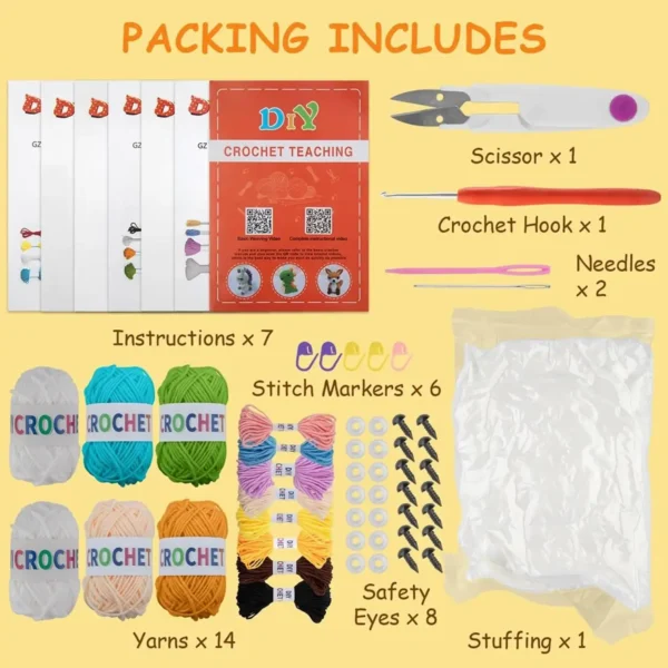 Contents of the amigurumi crochet kit: yarn skeins, mini yarn bundles, crochet hook, scissors, needles, stitch markers, stuffing, safety eyes, and instruction manuals.