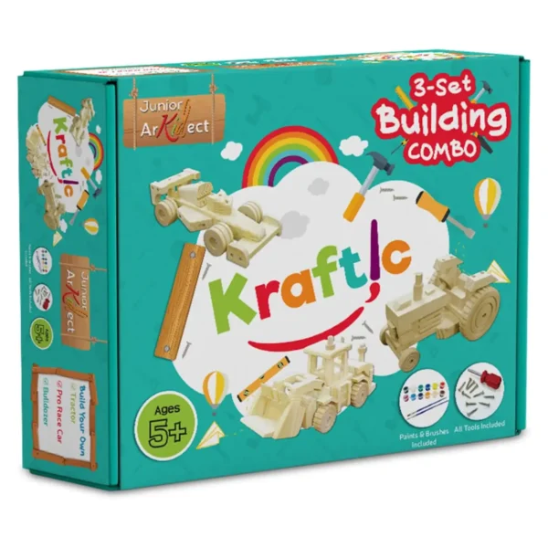 Kraftic 3-set woodworking building combo kit box showing wooden race car, tractor, and bulldozer models for kids aged 5+.