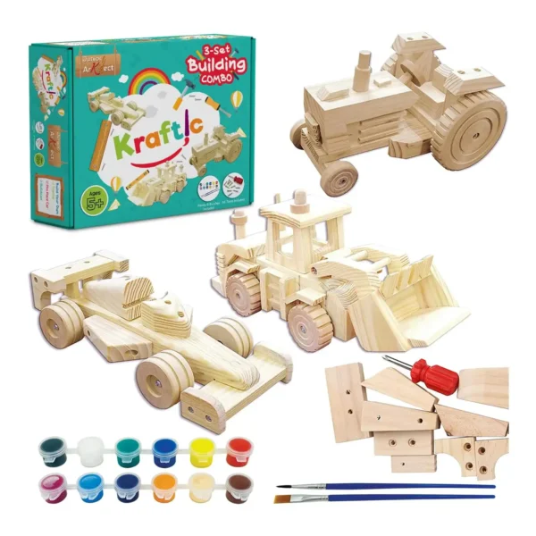 Full contents of the Kraftic woodworking kit: 3 wooden vehicle models (race car, tractor, bulldozer), tools, wooden parts, paint set, and brushes.