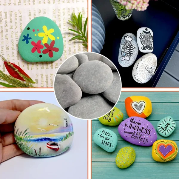 A colorful assortment of painted rocks featuring flowers, fish, hearts, and scenic designs.