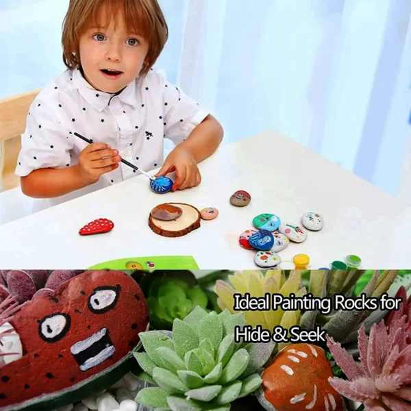 A child happily painting colorful rocks at a table, with various decorated stones around.