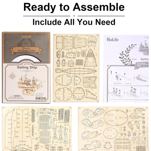 Flat-lay of the wooden sailing ship model kit showing laser-cut sheets and instruction manual.